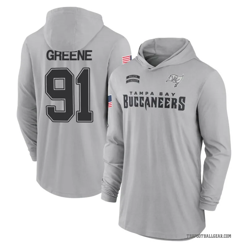 Mike Greene Men's Green Tampa Bay Buccaneers Gray 2024 Salute to Service Lightweight Performance Long Sleeve Hooded T-Shirt